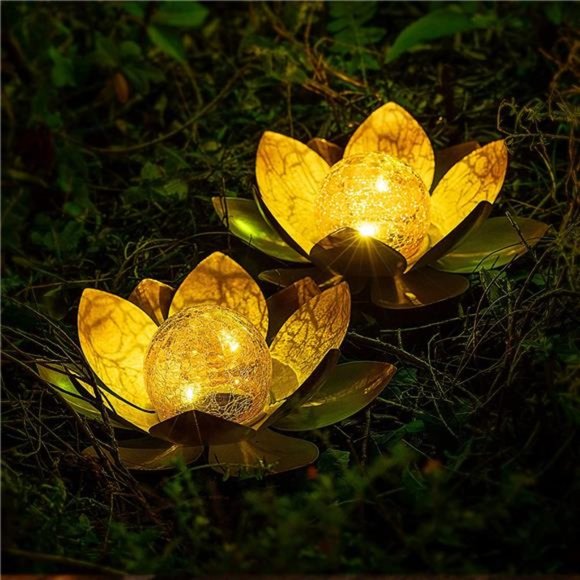 (2Pack) Amber Crackle Globe Glass Lotus WaterproofMetal LED Flower Lights